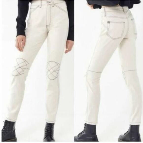 BDG Jeans Women's 28 Quinn High Rise Contrast Stitch Cropped Moto Skinny Cream - Picture 1 of 16